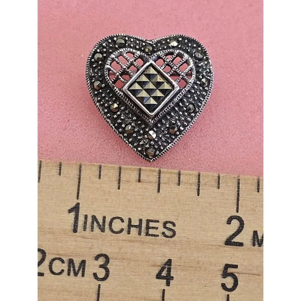 Vintage‎ 925 Sterling Silver Marcasite Heart Brooch Pin Art Deco Style Open Work